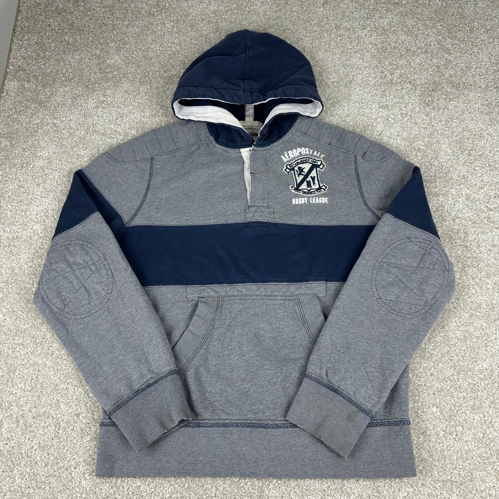 Y2k Aeropostale Mens Rugby League Hoodie Medium Gray Navy Blue Cotton Preppy